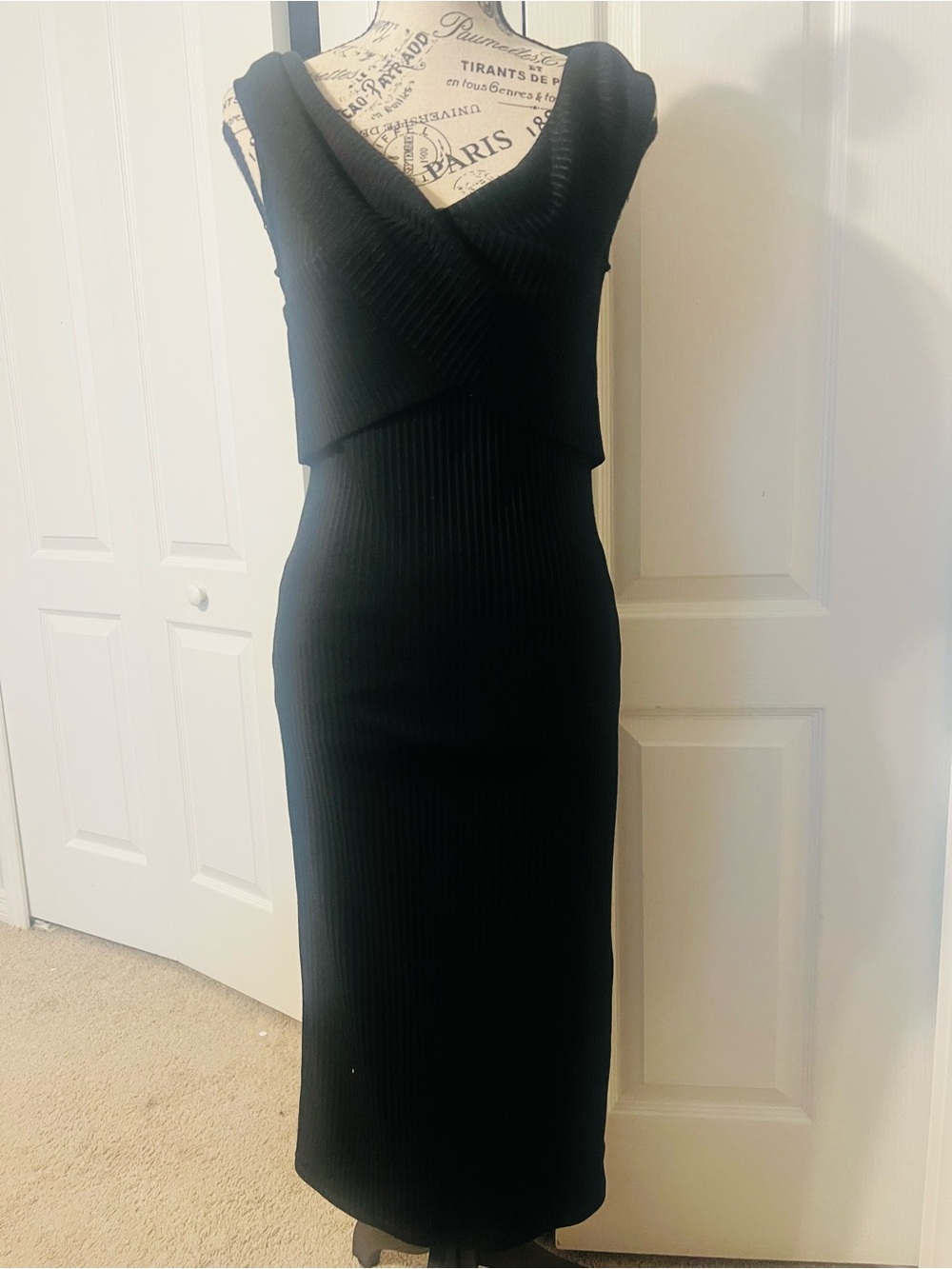 Michael Kors Black Ribbed V-Neck Midi Dress